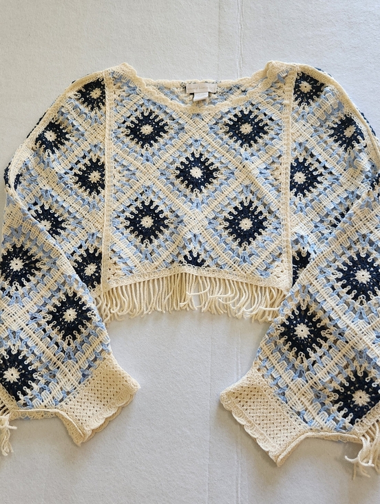 House of Harlow 1960 Sweaters - House of Harlow 1960 Cream, Navy & Light Blue Crochet Fringe Poncho Sweater